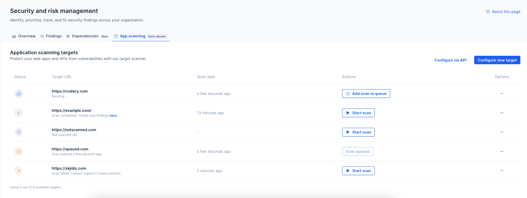 Security and risk management app scanning page