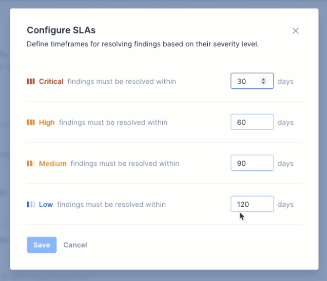 Security and risk management SLAs configuration modal